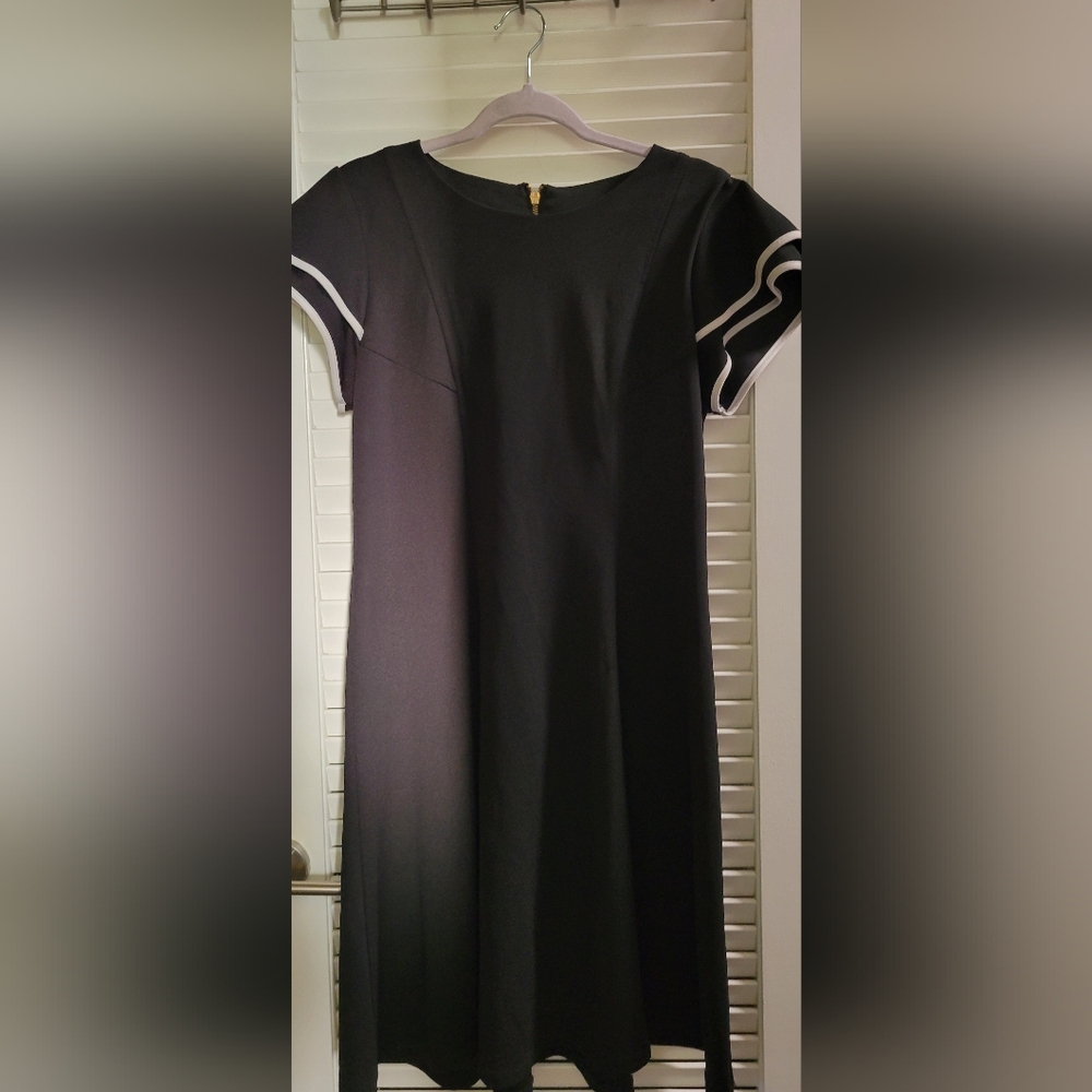 Shelby & Palmer Black Midi Dress with White Trim Sleeves